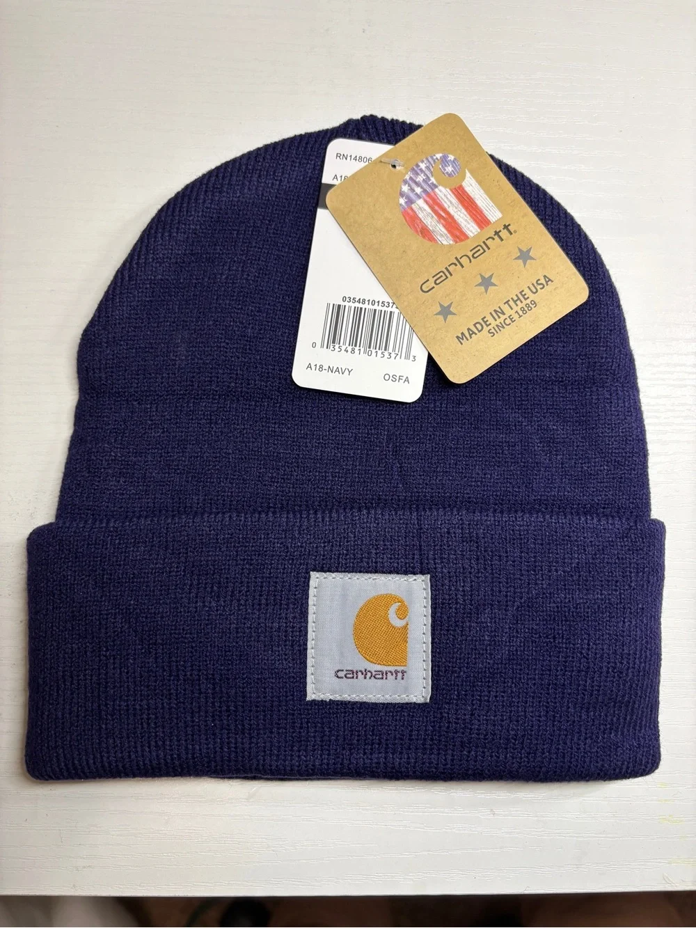 Carhartt Navy Blue Cuffed Beanie with Logo Patch